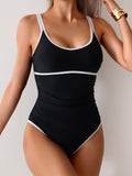 Womens Tummy Control Swimsuit Color Block One Piece Bathing Suits Slimming Double Straps Swimwear High Cut Swim Suit