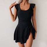 Women One Piece Swim Dress Tummy Control Swimsuit Slimming Ruffle Side Tie Kont Swimdress Bathing Suit