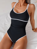 Womens Tummy Control Swimsuit Color Block One Piece Bathing Suits Slimming Double Straps Swimwear High Cut Swim Suit