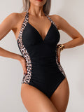 Women One Piece Swimsuit Leopard Splicing Halter V Neck Sexy Tummy Control Push Up Swimwear Back Tie Bathing Suit