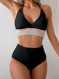Two Piece High Waisted Bikini Sets Tummy Control Color Block Suspender Swimwear