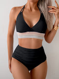 Two Piece High Waisted Bikini Sets Tummy Control Color Block Suspender Swimwear