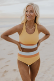 High Waist Colorblock Marine Cut Back Crop Bikini Set