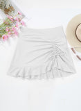 White Solid Color High Waist Pleated Skirt With One Side Tie Swim Short