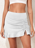 White Solid Color High Waist Pleated Skirt With One Side Tie Swim Short