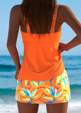 Mid Waisted Leaf Print Orange Tankini Set
