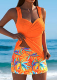 Mid Waisted Leaf Print Orange Tankini Set