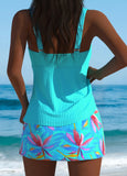 Mid Waisted Leaf Print Cyan Tankini Set