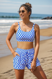 Blue & White Square Lattice Square Neck Wide Straps Sporty Bikini Top And High-Waist Boy Shorts