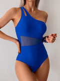 Women's One Piece Swimsuits Tummy Control Mesh Patchwork Bathing Suit One Shoulder Adjustable Straps