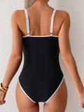 Womens Tummy Control Swimsuit Color Block One Piece Bathing Suits Slimming Double Straps Swimwear High Cut Swim Suit