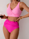 Women's High Waisted Bikini Sets Solid Pleated 2 Piece Swimsuits Sexy Beach Sets with Removable Pads