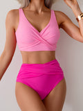 Women's High Waisted Bikini Sets Solid Pleated 2 Piece Swimsuits Sexy Beach Sets with Removable Pads
