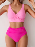 Women's High Waisted Bikini Sets Solid Pleated 2 Piece Swimsuits Sexy Beach Sets with Removable Pads