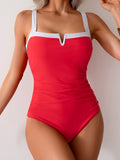 Women's One Piece Swimsuits Color Block Slimming Tummy Control Bathing Suit V Vired Full Coverage Swimwear