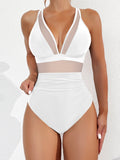 Women Plus Size One Piece Swimsuit V Neck Mesh Sheer Tummy Control Bathing Suit