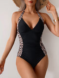 Women One Piece Swimsuit Leopard Splicing Halter V Neck Sexy Tummy Control Push Up Swimwear Back Tie Bathing Suit