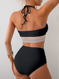 Two Piece High Waisted Bikini Sets Tummy Control Color Block Suspender Swimwear