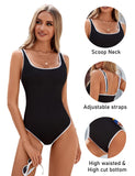 Women's One Piece Swimsuit Sports Adjustable Strap Bathing Suit Color Block Ribbed High Cut Swimsuits
