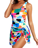 Women One Piece Swim Dress One Shoulder Swimsuit with Skirt