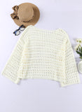 White Mesh Knitted Long Sleeve Hollow Sun-proof Round Neck Cover Up
