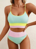 Women 2 Piece Bikini Set High Waisted Color Block Swimsuit Beach Scrunch Ribbed Bathing Suit