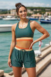 Black Colorblock Zipper Back Sporty Bikini Top with Boy Short Set
