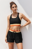 Black U Neck Striped Cross Over Sporty Bikini Top And High-Waist Boy Shorts