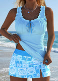 Mid Waisted Tropical Plants Print Light Blue Tankini Set