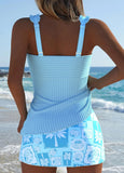 Mid Waisted Tropical Plants Print Light Blue Tankini Set