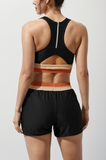 Black U Neck Striped Cross Over Sporty Bikini Top And High-Waist Boy Shorts