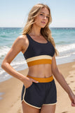Black Colorblock Zipper Back Sporty Bikini Top with Boy Short Set