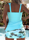 Mid Waisted Tropical Plants Print Cyan Tankini Set