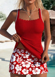 Mid Waisted Floral Print Red Tankini Set