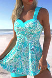 Surplice Cyan Leaf Print Swimdress and Shorts