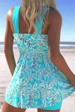 Surplice Cyan Leaf Print Swimdress and Shorts