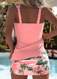 Mid Waisted Tropical Plants Print Dusty Pink Tankini Set
