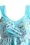 Surplice Cyan Leaf Print Swimdress and Shorts