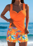 Mid Waisted Leaf Print Orange Tankini Set