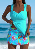 Mid Waisted Leaf Print Cyan Tankini Set
