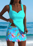 Mid Waisted Leaf Print Cyan Tankini Set