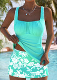 Mid Waisted Floral Print Cyan Tankini Set